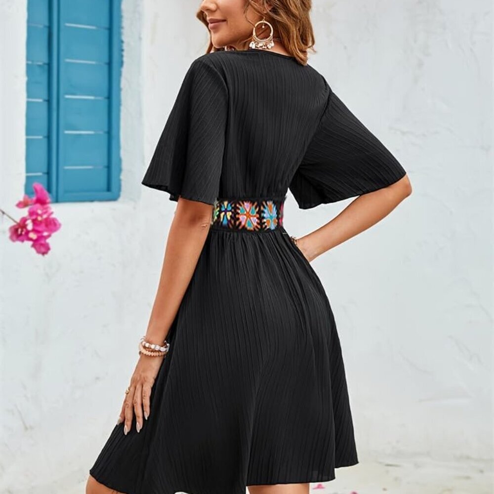 Women's Linen V-Neck Flutter Sleeve Wrap Dress Casual Beach Holiday - Picture 3 of 8
